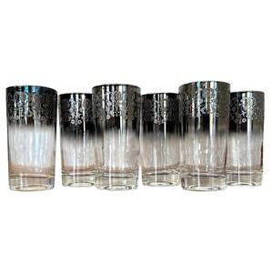 MCM Dorothy Thorpe Style Highball Glasses Silver Fade Filigree Barware 6 Pc‎ Set